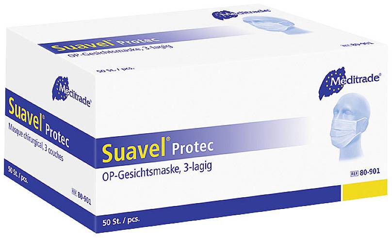'Suavel Protec OP Face Mask, 3-Ply'. Packaging shows 50 pieces per carton. Image of a masked face on the side.