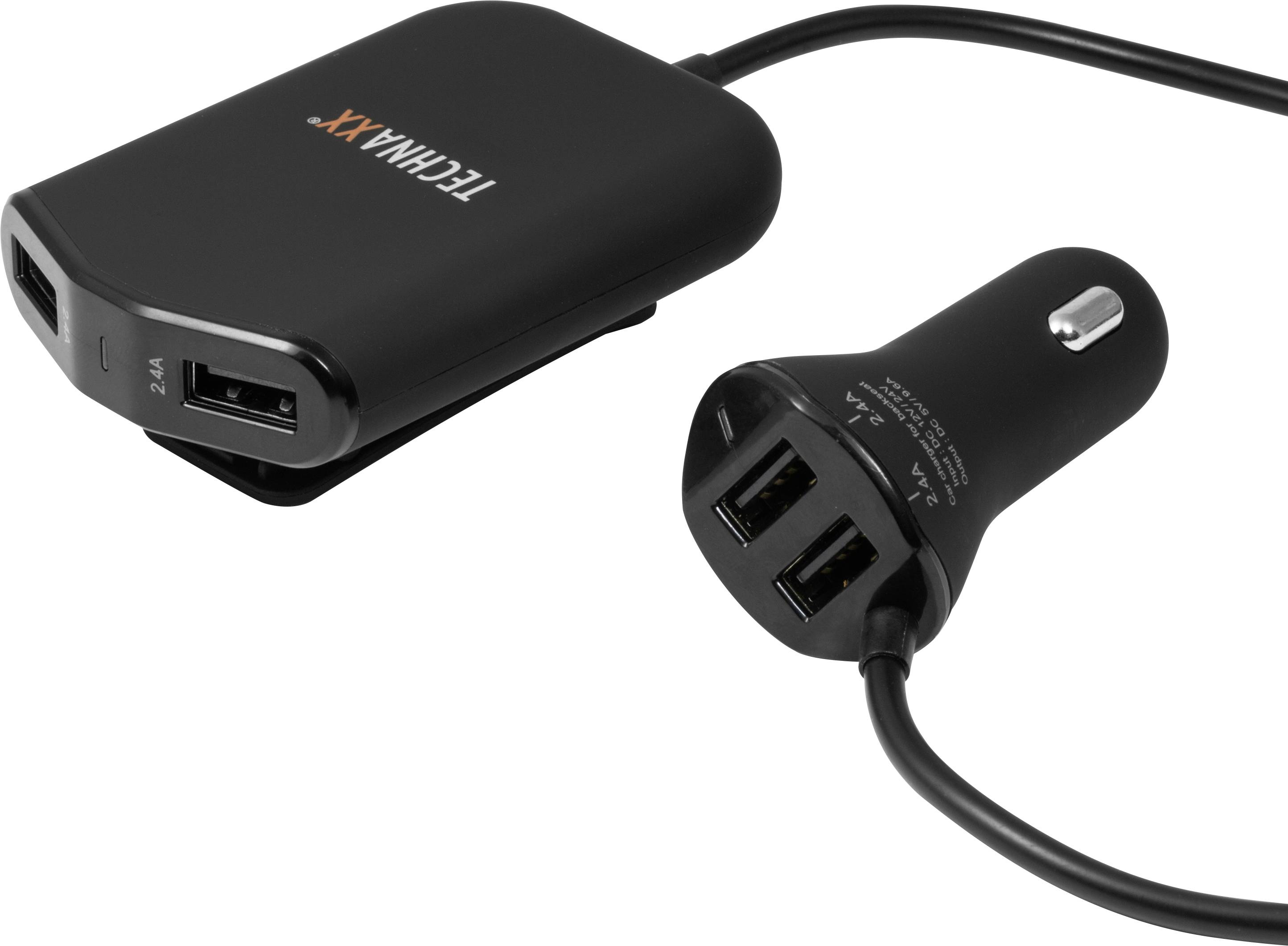 The image shows a black car charger with two USB ports by TechMaxx, which plugs into a socket in a car.