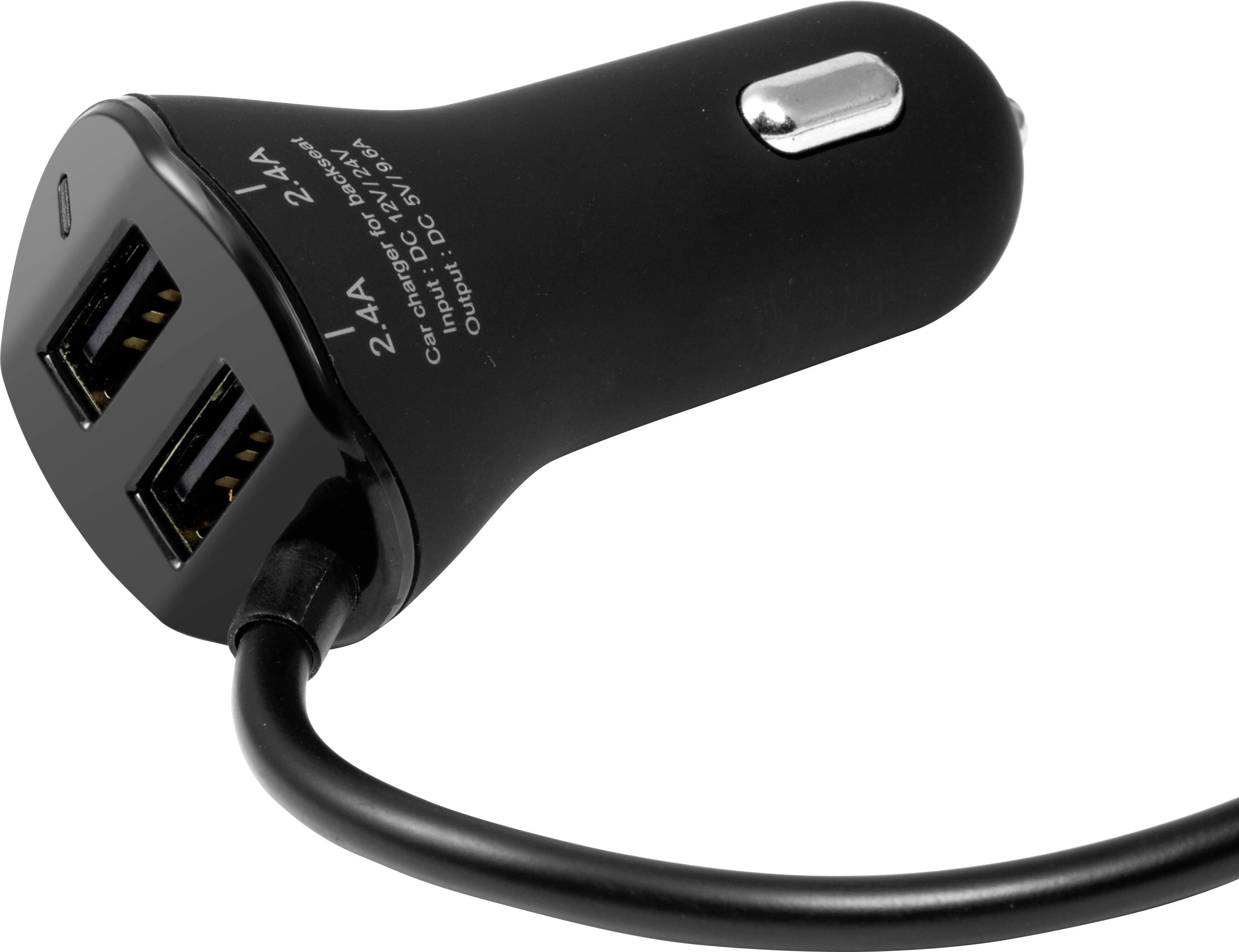 Black car charger with two USB ports and a cable. Optimised for simultaneously charging multiple devices in a vehicle.