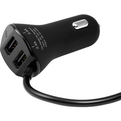 Black car charger with two USB ports and a cable. Optimised for simultaneously charging multiple devices in a vehicle.