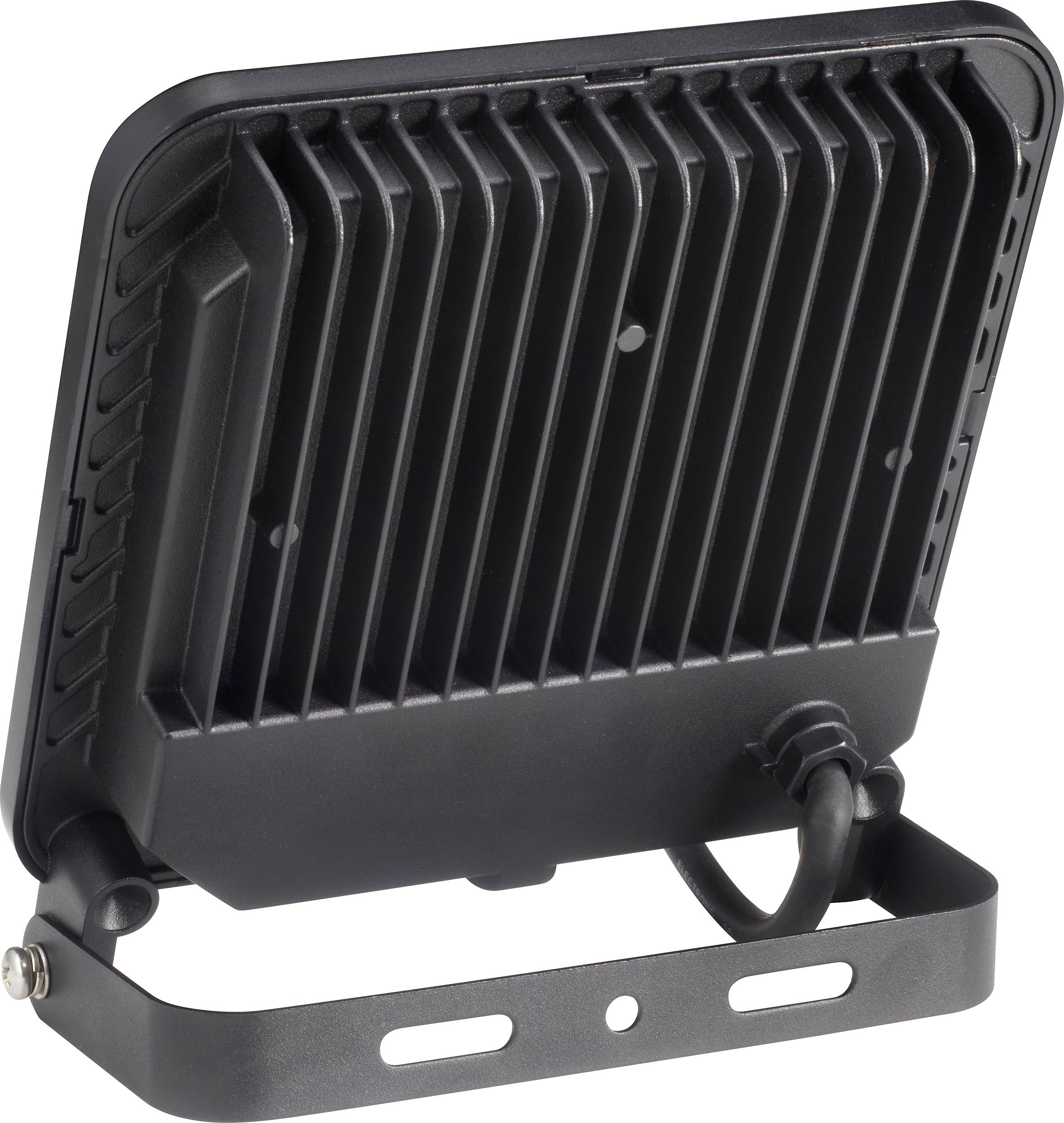 Black LED flood light with ribbed casing, mounting rail, and connected cable, rear view.