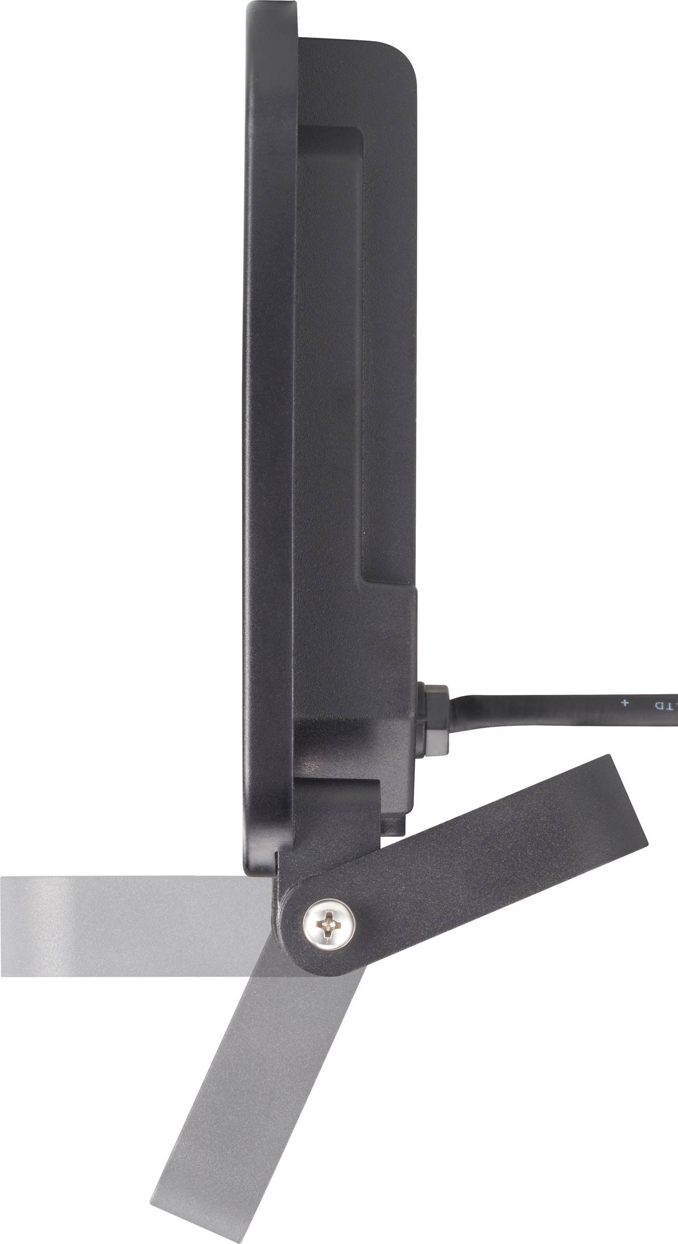 Side view of a black electronic device with an adjustable metal bracket underneath and a connected cable.