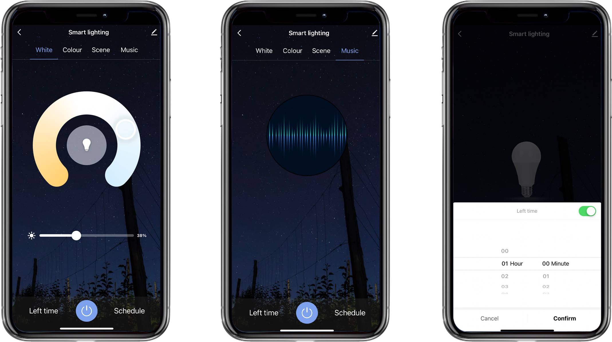 Three smartphone screens display the control of smart lighting: white mode, colour selection, and music synchronisation.