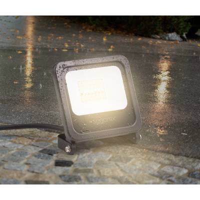 A waterproof LED floodlight illuminates the wet cobblestones. Rain reflects on the ground, lighting emphasising the moisture.