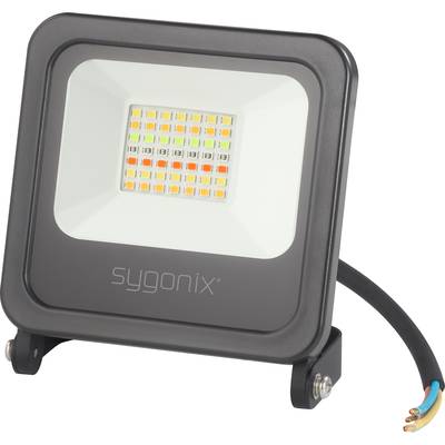 A black LED floodlight with a visible illumination surface, connected to a cable, on a white background.