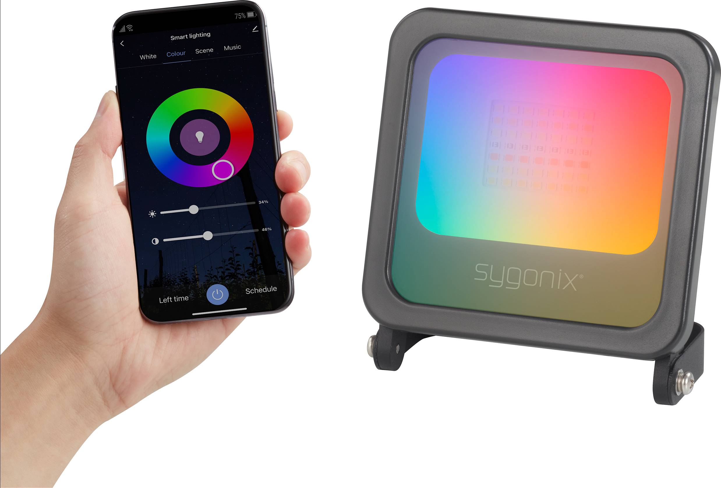 A smartphone controls a colourful LED projector. The app displays a colour ring for light control. The projector illuminates in rainbow colours.