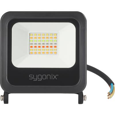 A Sygonix LED floodlight with a square shape, black casing, and visible LED points in the centre.