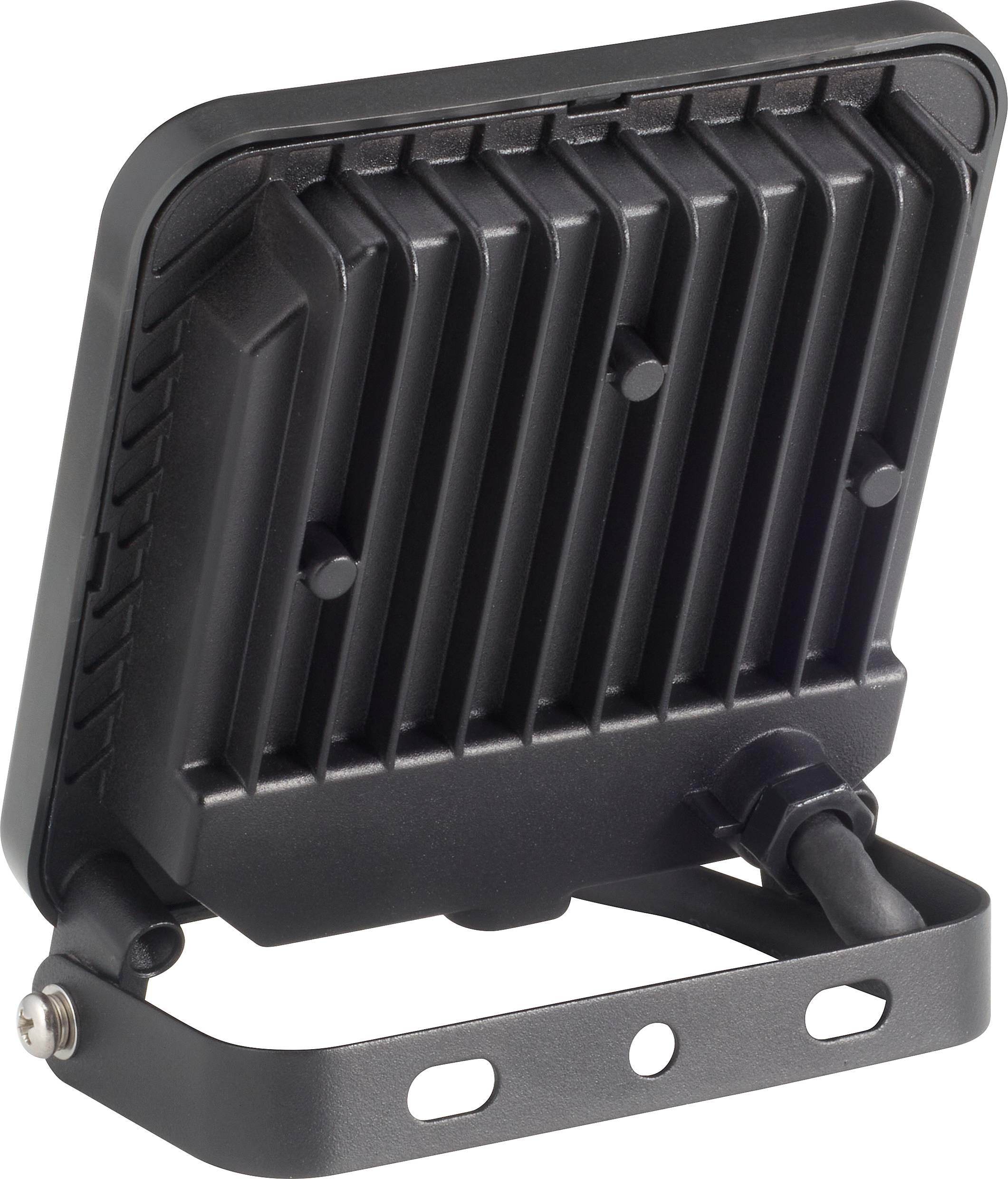 A black LED floodlight with a finned heatsink, mounted on an adjustable bracket. Designed for efficient outdoor lighting.