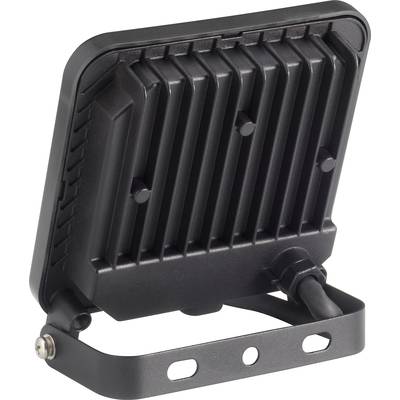 A black LED floodlight with a finned heatsink, mounted on an adjustable bracket. Designed for efficient outdoor lighting.