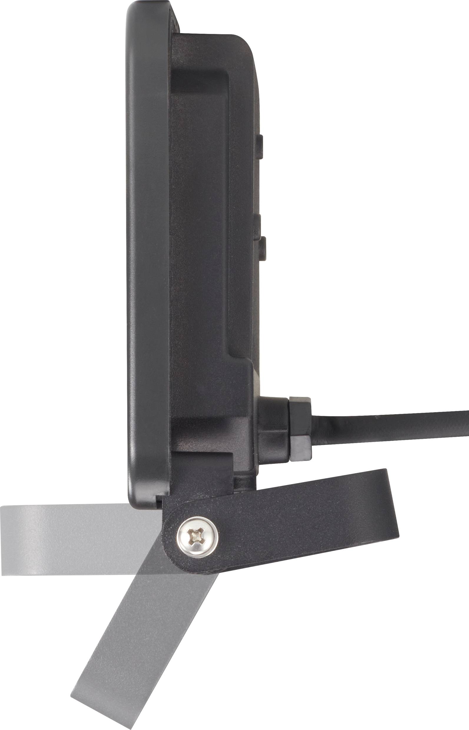 Side view of a black LED floodlight with adjustable mounting bracket, cable at the rear.