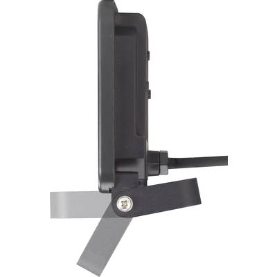 Side view of a black LED floodlight with adjustable mounting bracket, cable at the rear.
