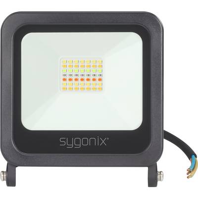 A rectangular LED floodlight with a black frame, illuminating LED array in the centre, 'sygonix' brand on the front.
