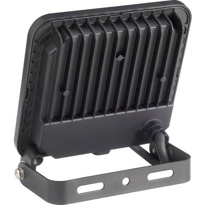 Black LED spotlight with cooling fins on the back and adjustable mounting bracket, showing the rear view of the device.