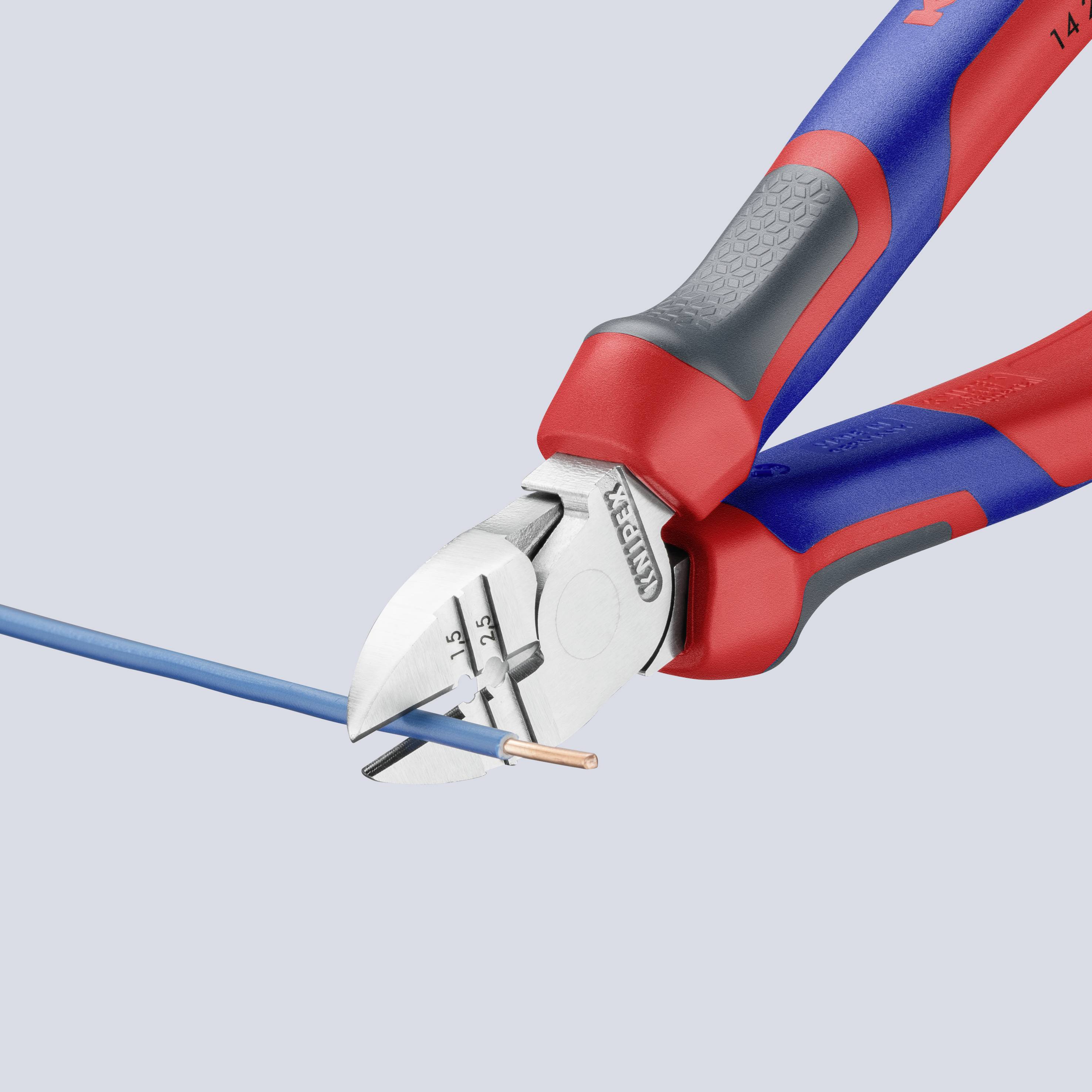 A side cutter severs a blue cable. The pliers' handle is blue and red, and the cutting tool is silver.