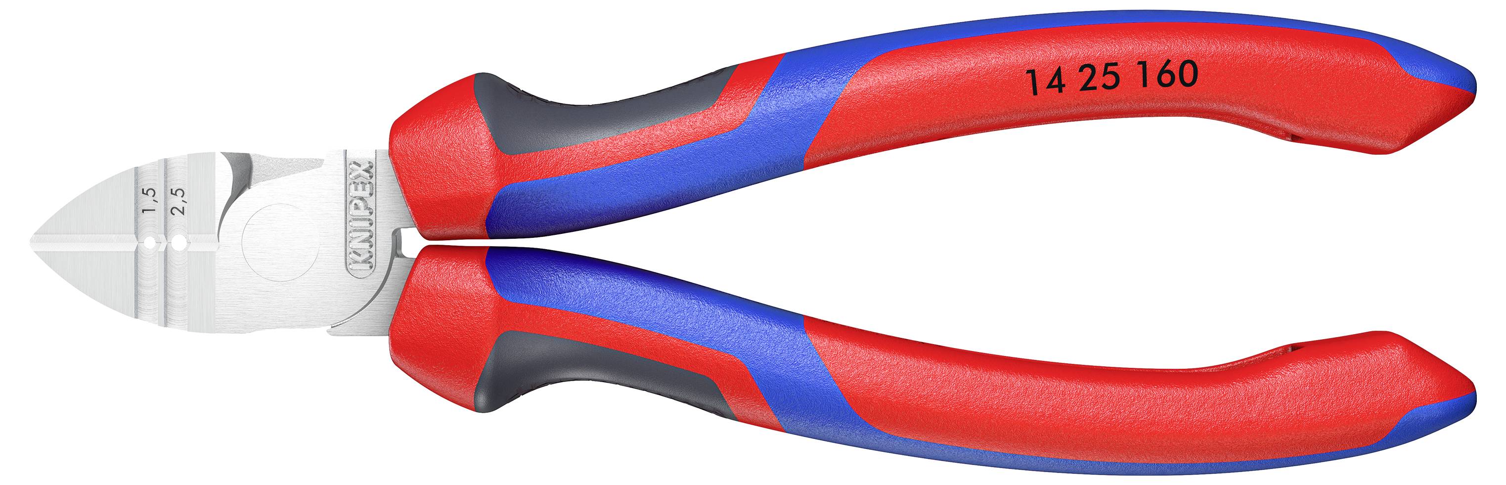 A red and blue side cutter with the inscription '14 25 160' on the handle. Suitable for cutting wires and cables.