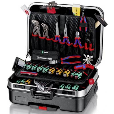 An open toolbox with various pliers, screwdrivers and other tools, neatly arranged in compartments.