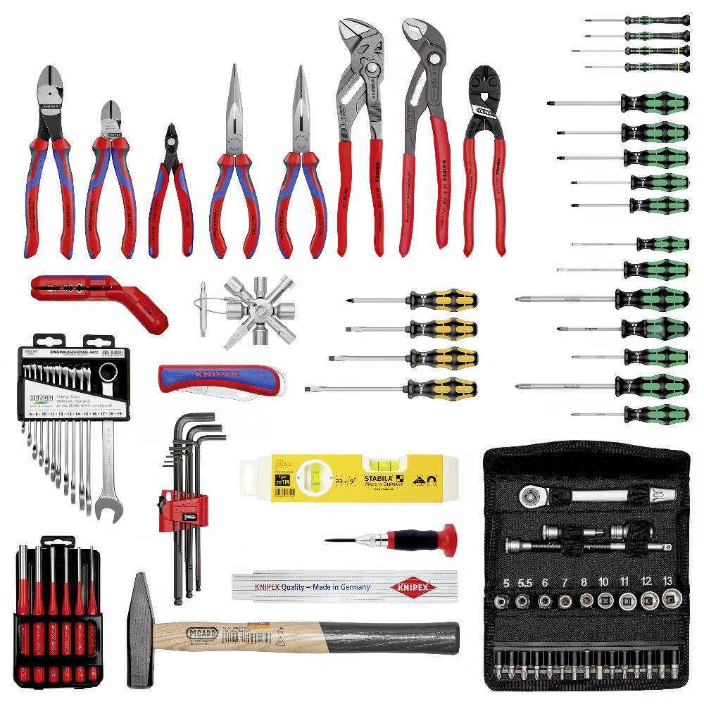 A set of hand tools, including pliers, screwdrivers, spanners, and a hammer, neatly arranged in groups.