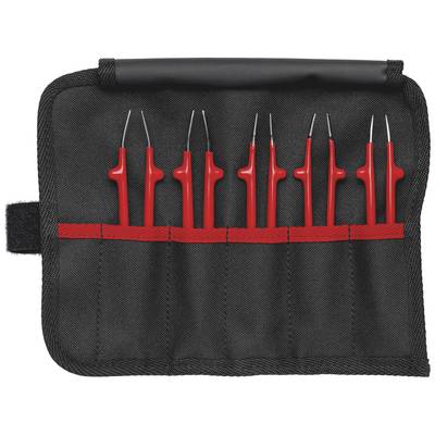 Black case with six red tools, probably tweezers, in separate red loops, rolled out and shown open.