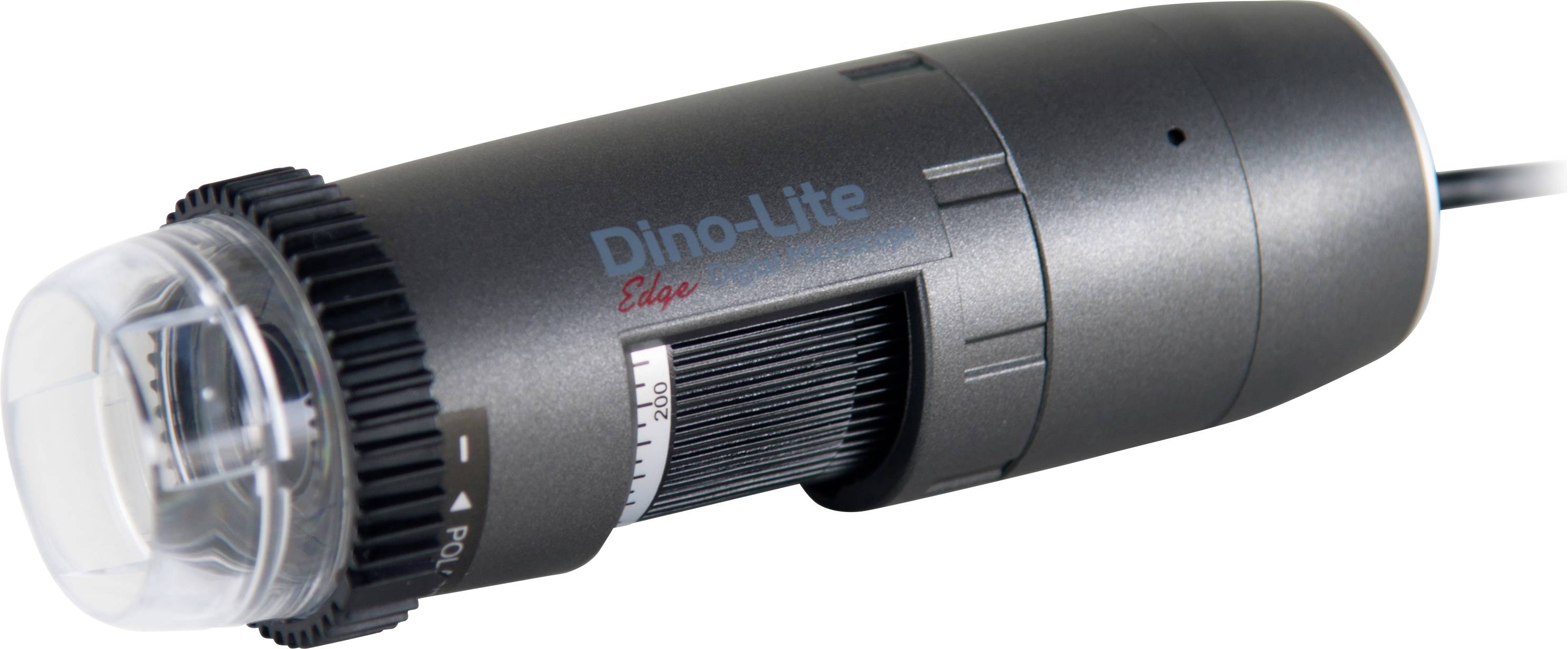 A digital microscope in a cylindrical housing with adjustable magnification and USB connection, brand 'Dino-Lite Edge'.