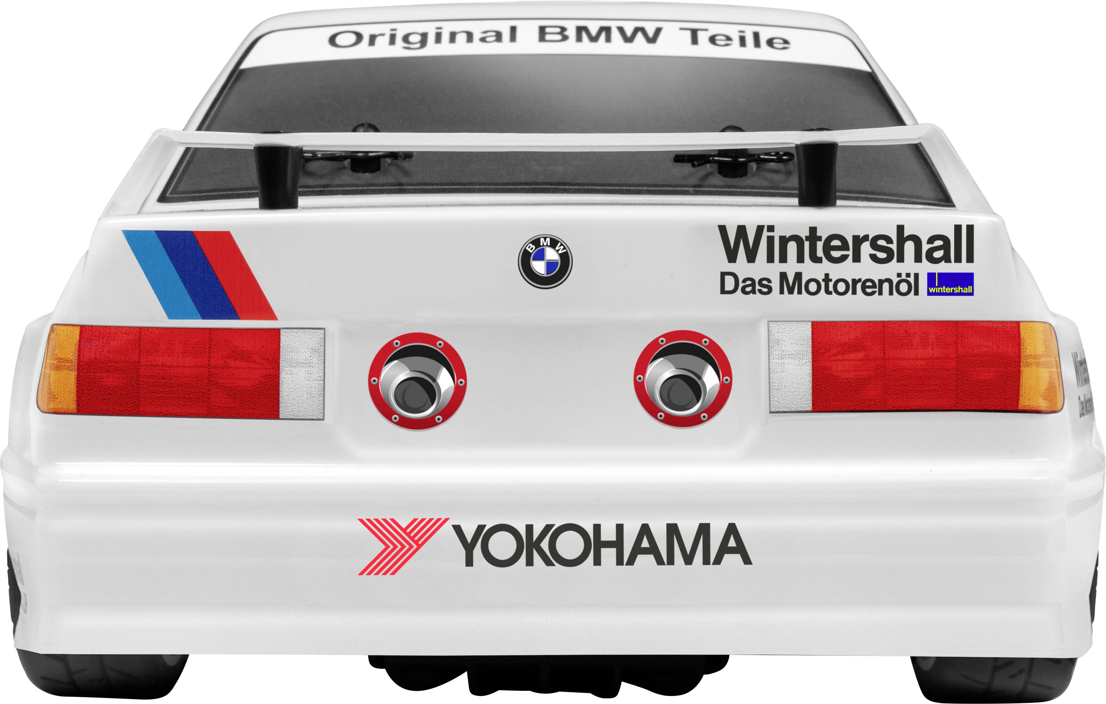A white racing car from behind, with BMW logo, 'Genuine BMW Parts' text, and advertising for 'Wintershall' and 'Yokohama'.