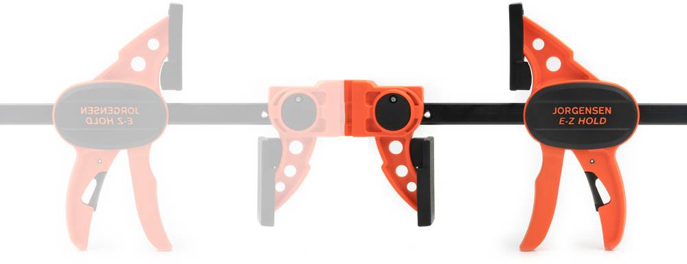 Two orange clamps on a black bar. The left clamp reads 'E-Z HOLD', the right one 'JORGENSEN E-Z HOLD'.