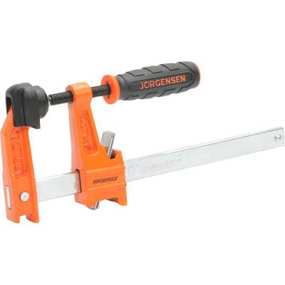 An orange and steel-coloured G-clamp with 'Jorgensen' printed on the handle; for securing workpieces.
