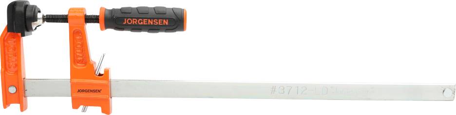 A Jorgensen orange G-clamp with a black handle, extended on a white surface.