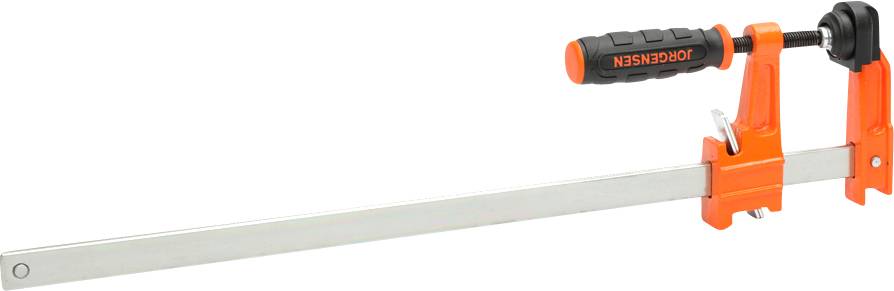 An orange G-clamp with an ergonomic handle on a white background.
