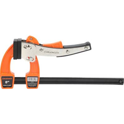 An orange Jorgensen clamp with a black and silver handle. The clamp has a span of 8 inches.