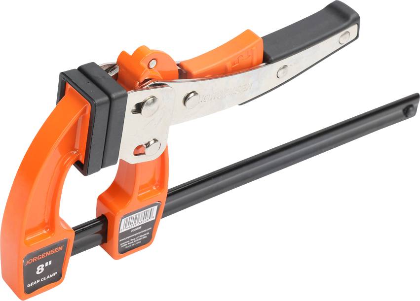 'Jorgensen 8" Gear Clamp' in Orange and Black. An adjustable mechanism with a handle and metal jaws. Ideal for woodworking.