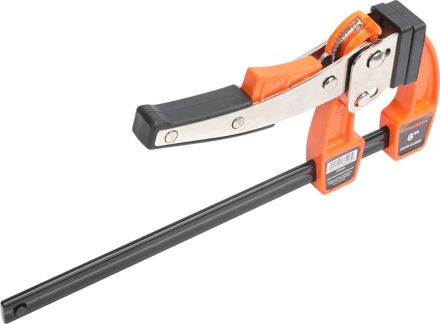 An orange quick-release G-clamp with a black strip, suitable for holding and clamping workpieces in workshops.