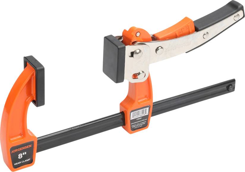 Metal and plastic G-clamp, orange and black, with a span of 8 inches. Suitable for various holding tasks during work.