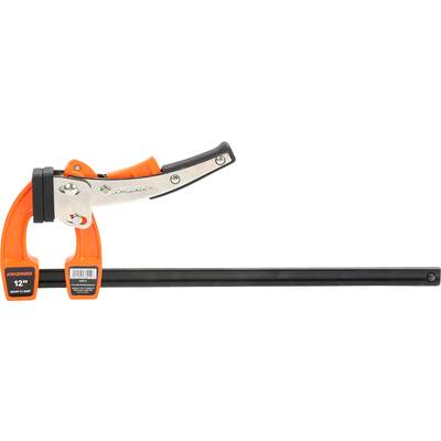An orange clamp with a black handle and silver metal elements. It is inscribed with 'JORGENSEN 12" BAR CLAMP'.