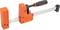 An orange Jorgensen G-clamp with a black handle and silver steel beam. Perfect for holding workpieces.
