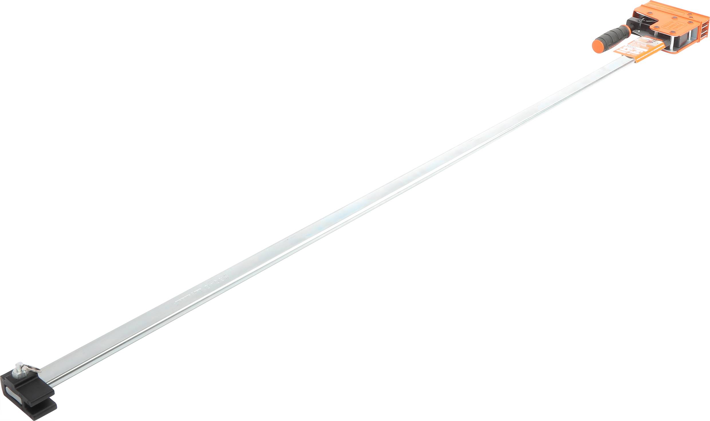 Long clamp with large span range, orange handle and black base, suitable for large woodworking or assembly projects.