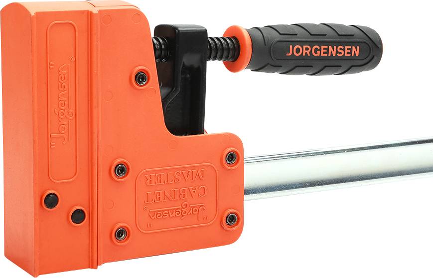 Screw clamp with a black handle and orange body from the Jorgensen brand.