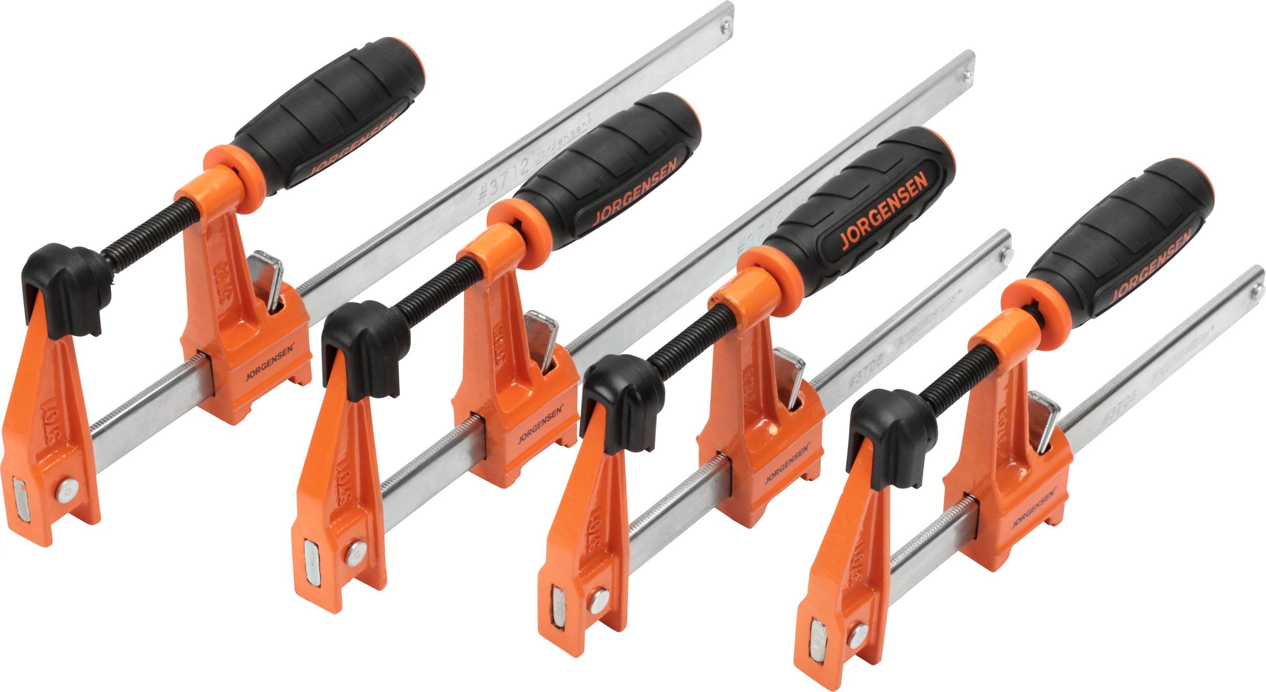 Four orange G-clamps with black handles lined up in a row, ready for use in carpentry or DIY projects.