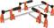 Orange G-clamp set with four clamps, two parallel and opposite, on a white surface.