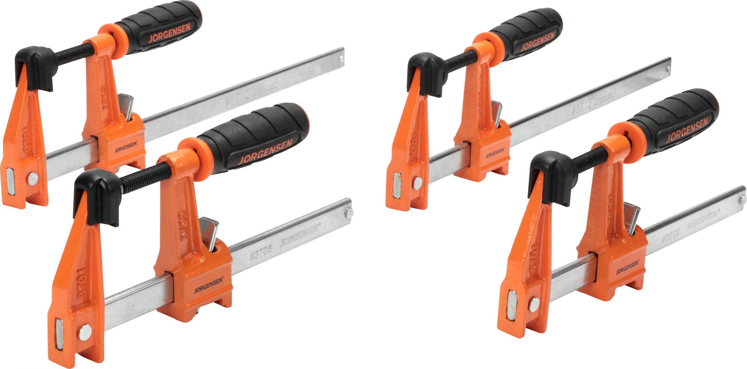Four orange G-clamps with black handles, arranged in two pairs. They are designed for holding workpieces.