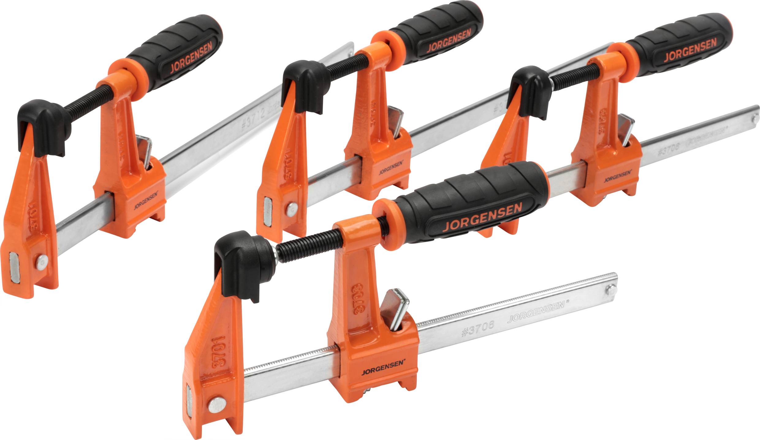 Four orange-coloured clips in different sizes, each with a black handle, on a white background.