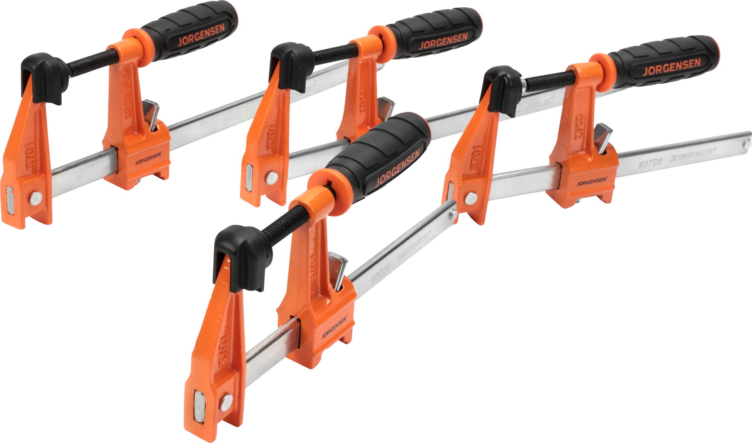 Three parallel G-clamps with orange handles and black protective covers, arranged in varying sizes.