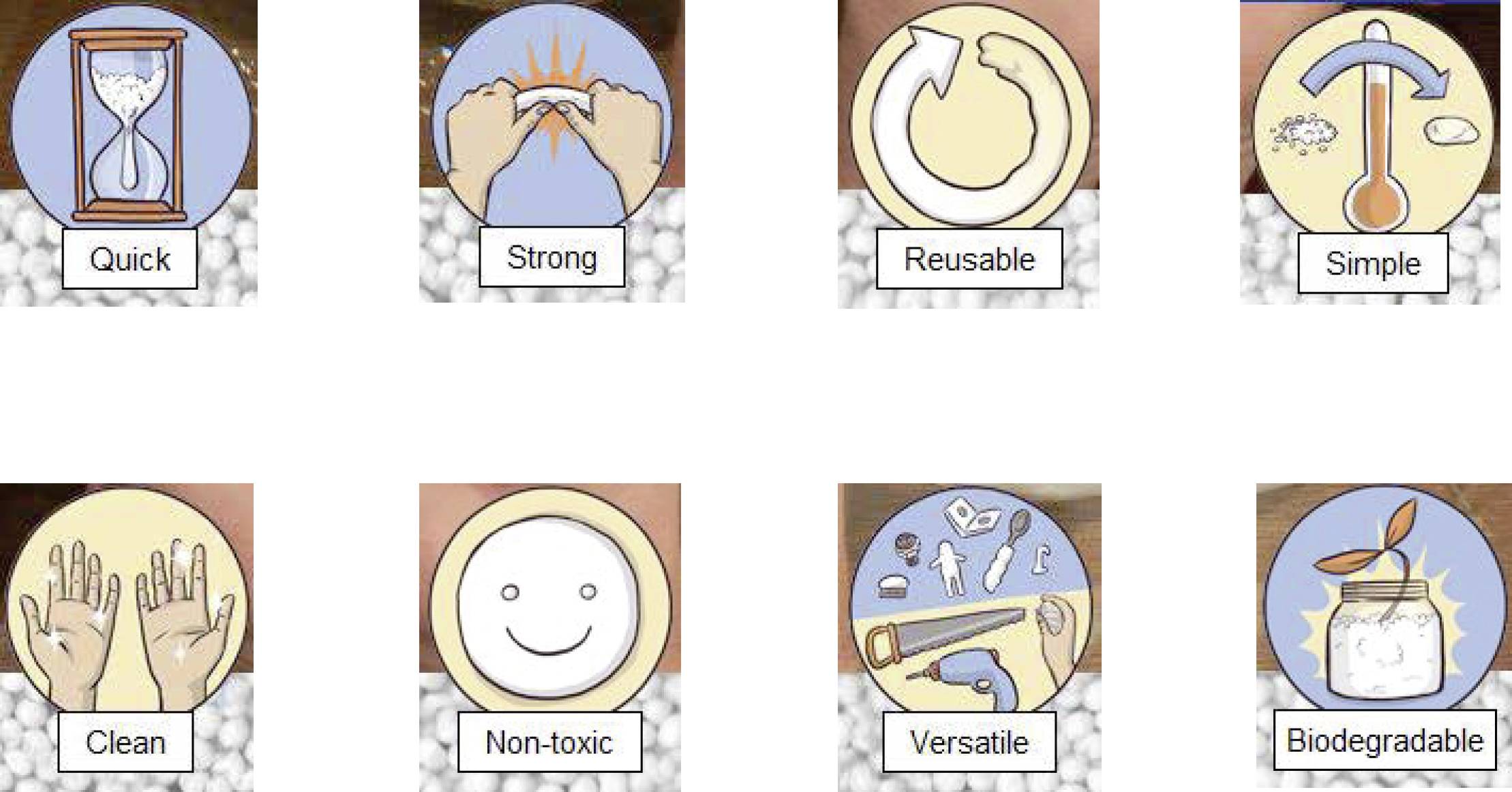 The image shows eight symbols with descriptions: 'Quick', 'Strong', 'Reusable', 'Simple', 'Clean', 'Non-toxic', 'Versatile', 'Biodegradable'.