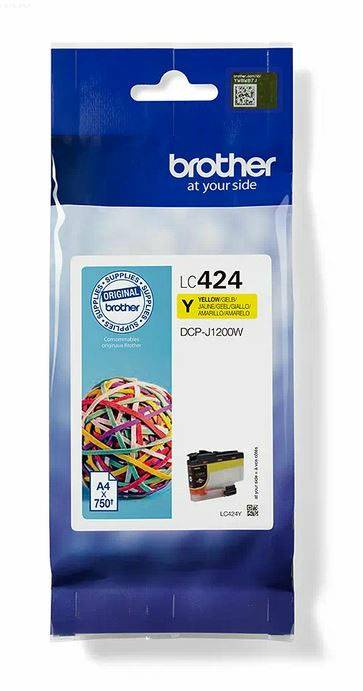 A Brother printer ink packaging, model LC424 in Yellow, for the DCP-J1200W printer, displays an image of colourful rubber bands.