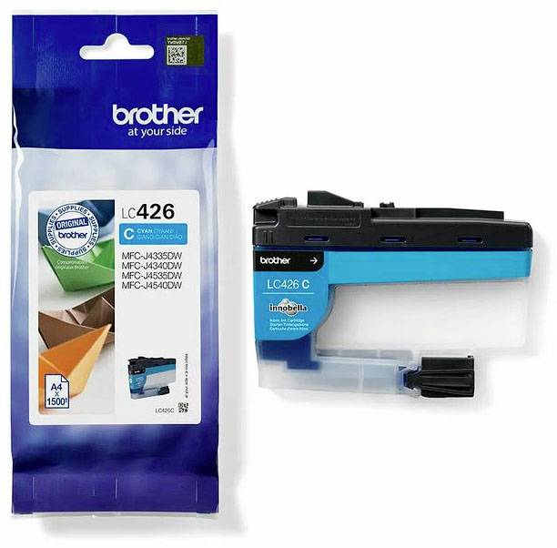 Brother LC426 C Cyan Ink Cartridge next to packaging, compatible with printer models MFC-J4335DW, MFC-J4340DW, MFC-J4535DW.