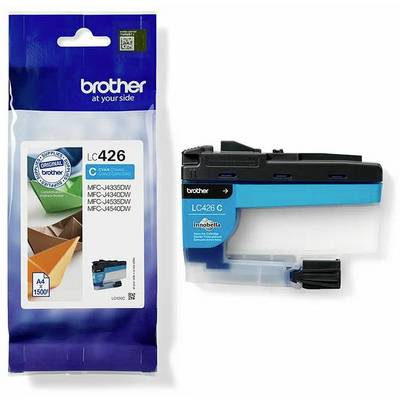 Brother LC426 C Cyan Ink Cartridge next to packaging, compatible with printer models MFC-J4335DW, MFC-J4340DW, MFC-J4535DW.