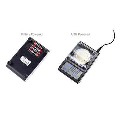 'Image showing a scale powered by batteries on the left and a similar scale powered by a USB cable on the right.'