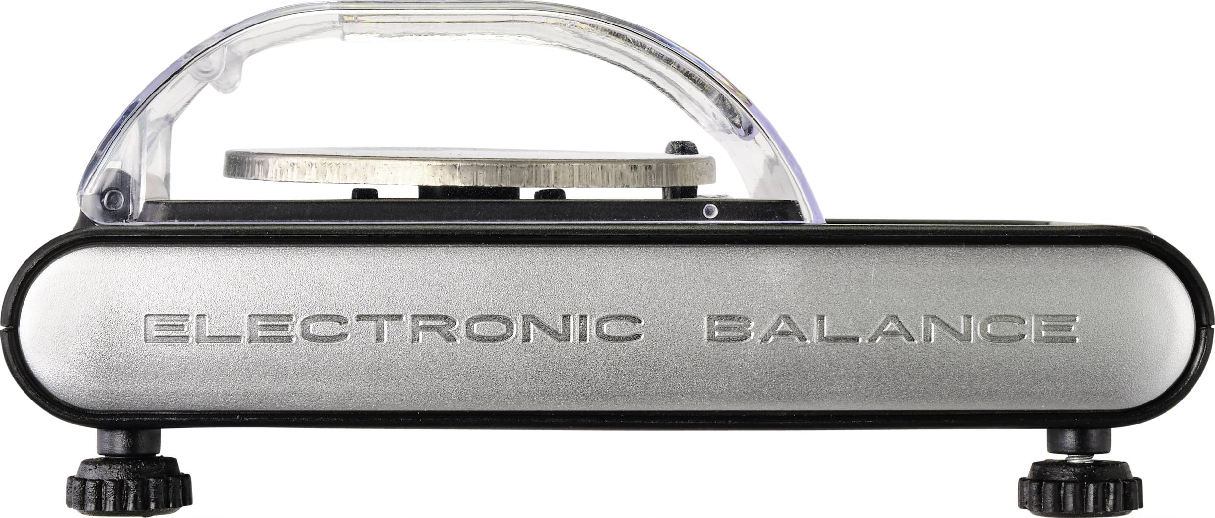 Electronic scales in side view with silver casing and transparent cover.
