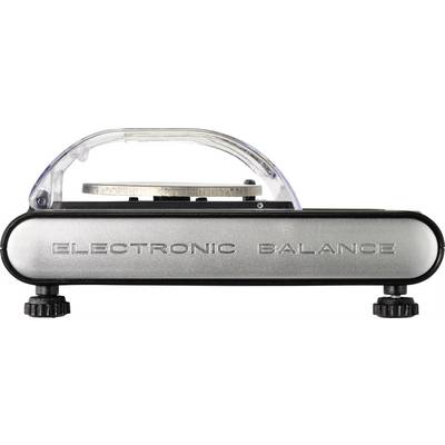 Electronic scales in side view with silver casing and transparent cover.