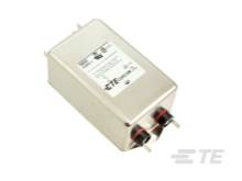 Rectangular, metallic EMI filter with two mounting bolts on one side. Suitable for electromagnetic interference suppression.