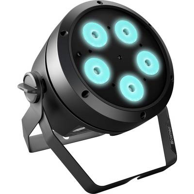 A round, black LED spotlight with five illuminating, blue lights on an adjustable stand for stage lighting.